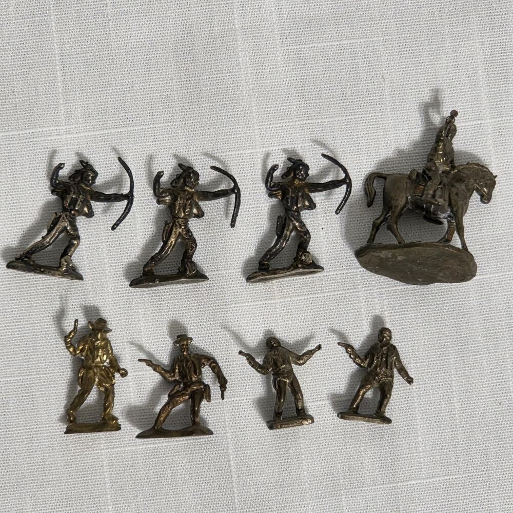 Vintage Metal Toy Soldier Figures Lot of 8 Cowboys Indians Horseback Archer Mini